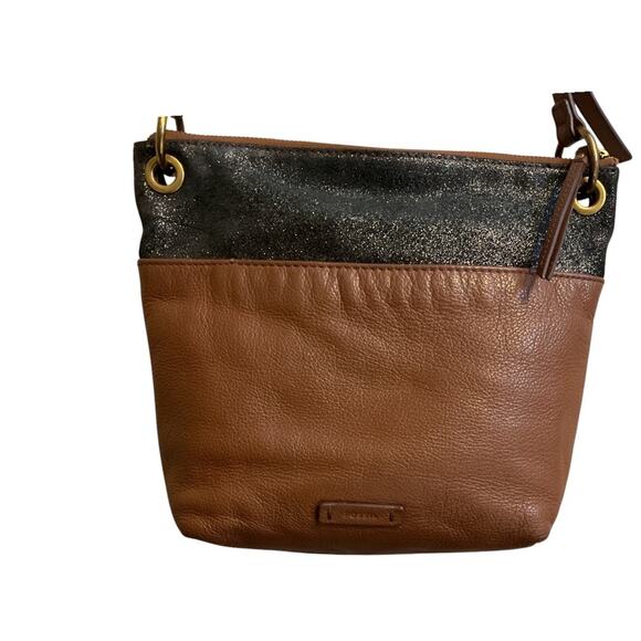 Vintage 90s FOSSIL Black Glitter Suede & Brown Leather Crossbody - Picture 2 of 11